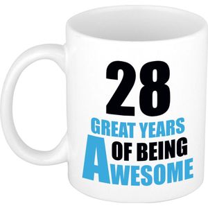 28 great years of being awesome mok wit en blauw - cadeau mok / beker - 29e verjaardag / 28 jaar