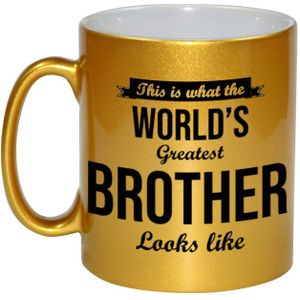 This is what the worlds greatest brother looks like cadeau koffiemok / theebeker - 330 ml - goudkleurig - verjaardag / cadeau - tekst mokken