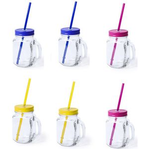 6x stuks Glazen Mason Jar drinkbekers met dop en rietje 500 ml - 2x geel/2x blauw/2x roze - afsluitbaar/niet lekken/fruit shakes