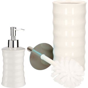 Badkamer accessoires set 2-delig creme wit van keramiek - Toiletborstel - Zeeppompje