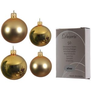 Compleet glazen kerstballen pakket goud glans/mat 38x stuks - 18x 4 cm en 20x 6 cm - Inclusief 50x haakjes