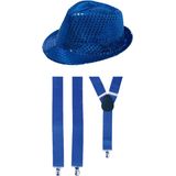 Carnaval verkleed set - hoedje en bretels - blauw - volwassenen - glitters