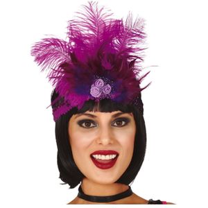 Charleston luxe hoofdband - met veren en roosjes - paars - dames - jaren 20 thema