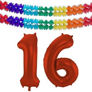 Folat folie ballonnen - Leeftijd cijfer 16 - rood - 86 cm - en 2x slingers