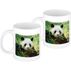 2x stuks dieren koffiemok / theebeker wit bamboe etende panda 300 ml - keramiek - dierenmokken - cadeau beker
