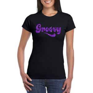 Zwart Flower Power  t-shirt Groovy met paarse letters dames - Sixties/jaren 60 kleding