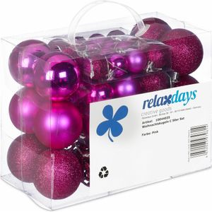 Relaxdays kerstballen - 50x st - fuchsia roze - 3, 4 en 6 cm - kunststof - mat/glans/glitter