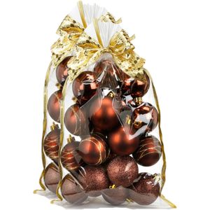 40x stuks kunststof/plastic kerstballen bruin mix 6 cm in giftbag - Kerstboomversiering/kerstversiering
