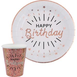 Verjaardag feest bekertjes/bordjes happy birthday - 20x - rose goud - karton