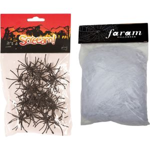 Decoratie spinnenweb/spinrag groot - met spinnen - 850 gram - wit - Halloween/horror versiering