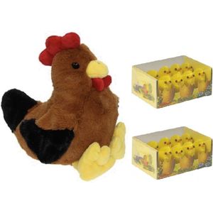 Pluche bruine kippen/hanen knuffel van 25 cm met 16x stuks mini kuikentjes 3 cm - Paas/pasen decoratie