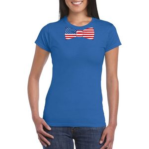 Blauw t-shirt met Amerikaanse vlag strikje / vlinderdas dames -  Amerika supporter