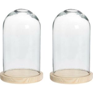 Home & Styling Decoratie stolp - 2x - van glas op houten plateau - D14 x H28 cm