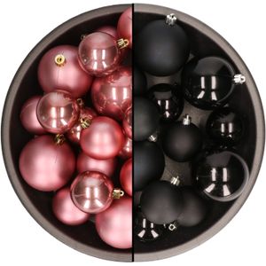 Kerstversiering kunststof kerstballen kleuren mix zwart/oud roze 4-6-8 cm pakket van 68x stuks