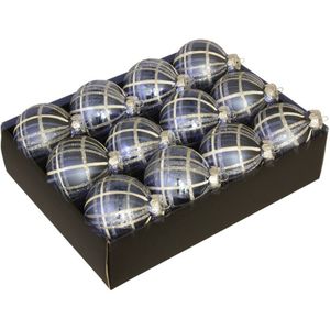 24x stuks luxe glazen gedecoreerde kerstballen donkerblauw schotse ruit 7,5 cm - Luxe glazen kerstballen - kerstversiering