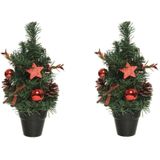 3x stuks mini kunst kerstbomen/kunstbomen met rode versiering 30 cm - Miniboompjes/kleine kerstboompjes