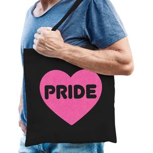 Bellatio Decorations Gay Pride tas heren - zwart - katoen - 42 x 38 cm - roze glitter hart - LHBTI