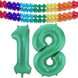 Folat folie ballonnen - Leeftijd cijfer 18 - glimmend groen - 86 cm - en 2x slingers