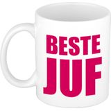 Beste juf in roze blokletters cadeau koffiemok / theebeker 300 ml - verjaardag / bedankje - cadeau juffrouw