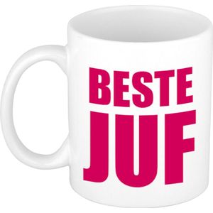 Beste juf in roze blokletters cadeau koffiemok / theebeker 300 ml - verjaardag / bedankje - cadeau juffrouw