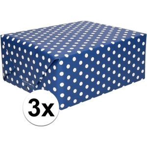 3x Inpakpapier/cadeaupapier blauw met witte stippen 200 x 70 cm rollen - Kadopapier/geschenkpapier