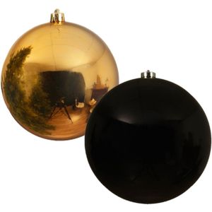 2x stuks grote kerstballen van 20 cm glans van kunststof goud en zwart - Kerstversiering