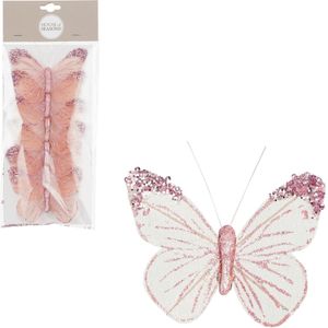House of Seasons kerstboomversiering vlinders op clip - 6x st- roze/wit - 10 cm