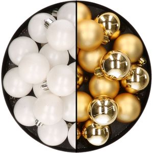 32x stuks kunststof kerstballen mix van wit en goud 4 cm - Kerstversiering