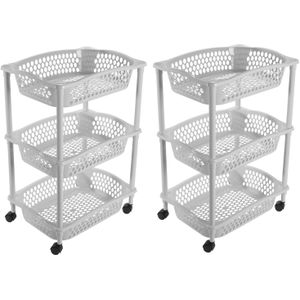 2x stuks keuken/kamer opberg trolleys/roltafels met 3 manden 62 x 41 cm lichtgrijs - Etagewagentje met opbergkratten