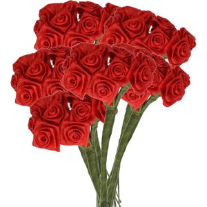 Rayher Decoratie roosjes satijn - 6x - bosje van 12 - donker rood - 12 cm - hobby/DIY bloemetjes
