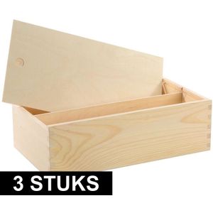 3x Houten wijnkisten/verpakkingen met schuifdeksel 35,5 x 20 x 10,8 cm - Wijnkistjes/wijndoosjes met dubbel vak - Relatiegeschenk/geschenkverpakkingen