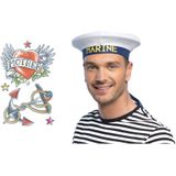 Carnaval verkleed Matrozen hoedje - wit - met zeeman plak tatoeages - volwassenen - accessoires set