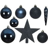 Kerstversiering kunststof kerstballen 5-6-8 cm met ster piek en sterrenslingers pakket donkerblauw 35x stuks - Kerstboomversiering