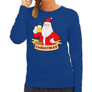 Foute kersttrui / sweater blauw Merry Christmas kerstman met een peul bier / biertje voor dames - kerstkleding / christmas outfit
