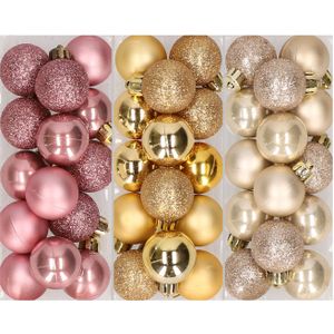 42x stuks kleine kunststof kerstballen mix champagne, goud en oudroze 3 cm - kerstversiering,