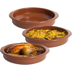 Tapas ovenschaaltje/serveerschaalthe - 3x - rond - Spaans terracotta/aardewerk - D22 x H5 cm - Klassieke stijl