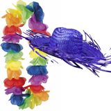 Carnaval verkleedset - Tropical Hawaii party - strohoed blauw - en volle bloemenslinger multi colours - voor dames