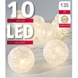 Lichtsnoer 10 witte glitter bollen D5 cm -warm wit - batterij- 135 cm
