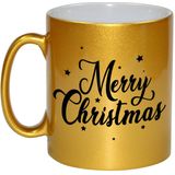 Set van 2x stuks kerstmokken Merry Christmas met sterren - 330 ml - goudkleurig - keramiek - koffiemokken / theebekers