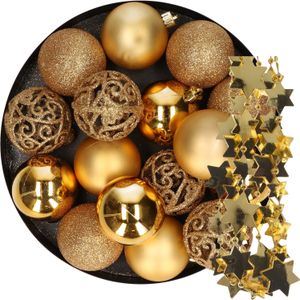 Decoris Kerstballen - 6 cm - kunststof - 16x stuks - incl. sterren slinger - goud