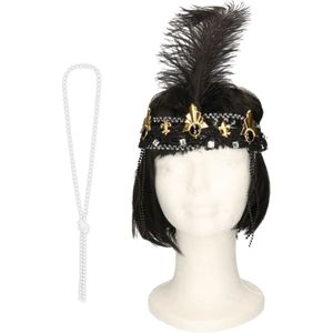 Carnaval verkleed accessoire set - dames hoofdband en parelketting - charleston/jaren 20 stijl