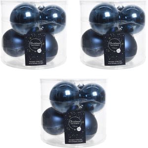 18x Donkerblauwe glazen kerstballen 8 cm - glans en mat - Glans/glanzende - Kerstboomversiering donkerblauw