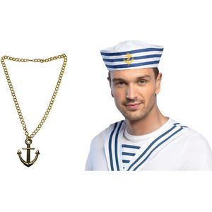 Carnaval verkleed Matrozen hoedje - wit - met gouden anker ketting - volwassenen - accessoires set