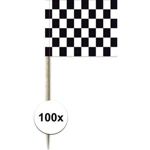 100x Cocktailprikkers race/finish vlag 8 cm vlaggetjes decoratie - Wegwerp prikkertjes - Formule 1/autoracen thema