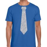 Blauw fun t-shirt met stropdas in glitter zilver heren