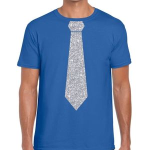 Blauw fun t-shirt met stropdas in glitter zilver heren