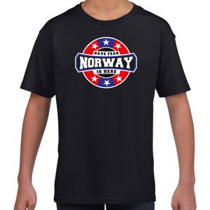 Have fear Norway is here t-shirt met sterren embleem in de kleuren van de Noorse vlag - zwart - kids - Noorwegen supporter / Noors elftal fan shirt / EK / WK / kleding