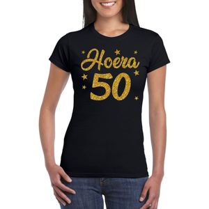 Hoera 50 jaar verjaardag cadeau t-shirt - goud glitter op zwart - dames - Sarah cadeau shirt