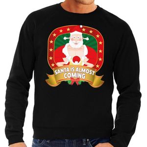 Foute kersttrui / sweater voor heren Santa Is Almost Coming - zwart - Kerstman met dame