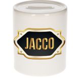 Jacco naam cadeau spaarpot met gouden embleem - kado verjaardag/ vaderdag/ pensioen/ geslaagd/ bedankt